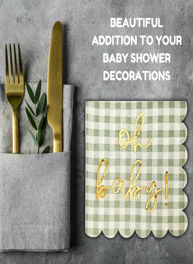 Cloverjoyed 'Oh Baby' Baby Shower Decorations, 50 Pack, Gold Oh Baby Napkins in Plaid Sage Green Pattern, Scalloped Edges, Sage Green Baby Shower Napkins, Neutral Gender Reveal Decorations - Image 4